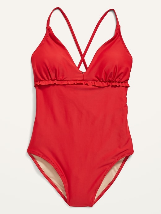 Image number 4 showing, V-Neck Ruffle-Trim Cutout One-Piece Swimsuit