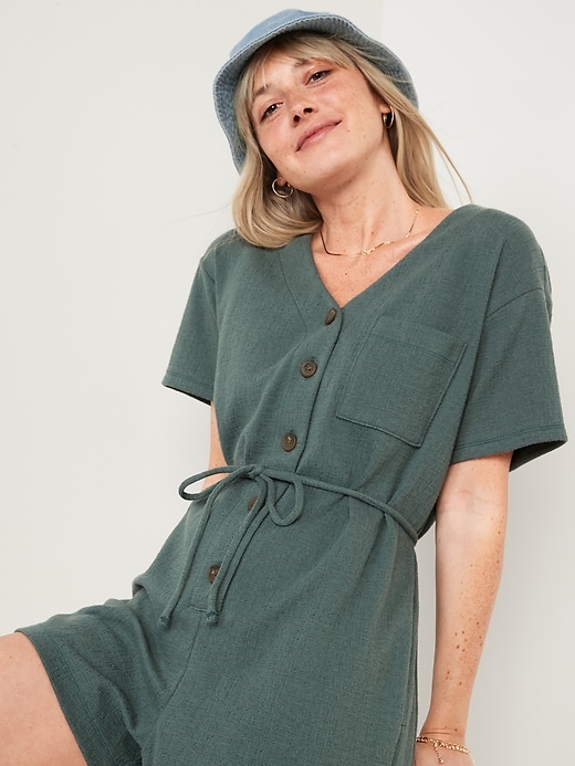 Image number 3 showing, Textured-Knit Utility Short-Sleeve Romper for Women