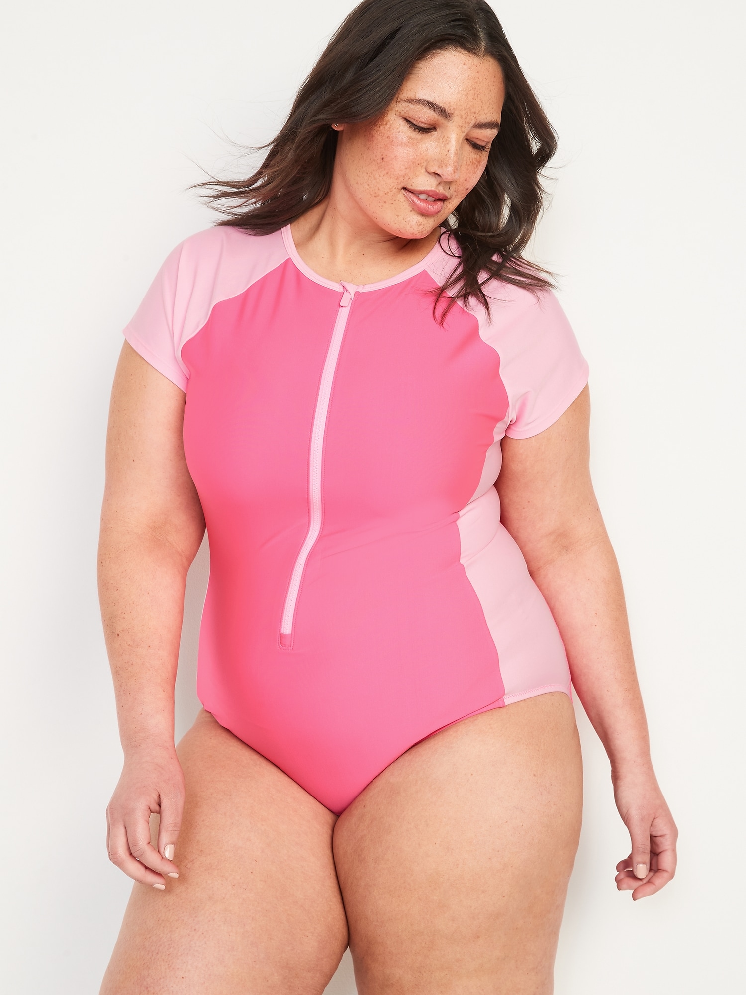 Short-Sleeve Zip-Front Rashguard One-Piece Swimsuit for Women