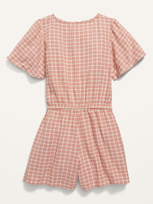 View large product image 2 of 3. Plaid Button-Front Tie-Waist Flutter-Sleeve Romper for Girls