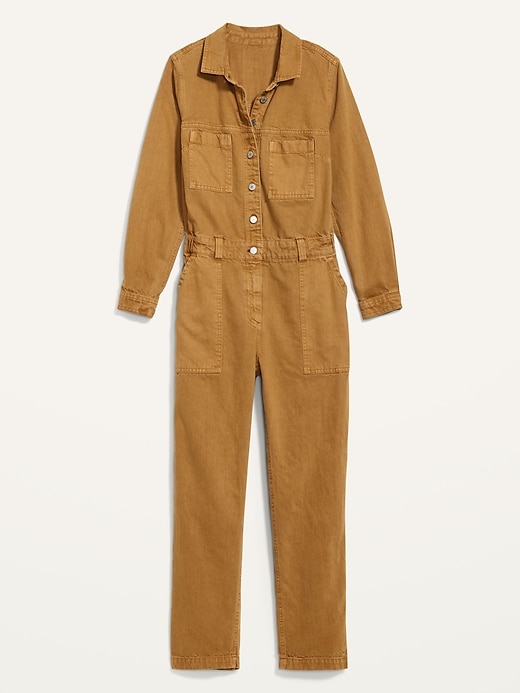 Image number 4 showing, Long-Sleeve Cropped Jean Utility Jumpsuit