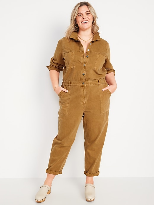 Image number 7 showing, Long-Sleeve Cropped Jean Utility Jumpsuit
