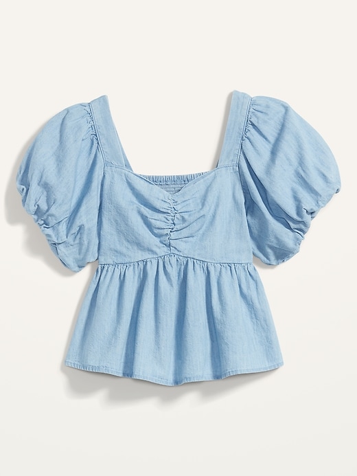 Image number 4 showing, Chambray Puff-Sleeve Waist-Defined Top for Women