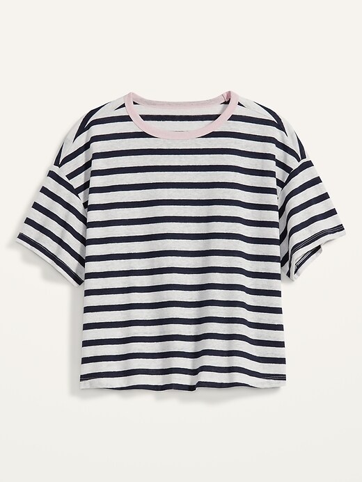 Image number 4 showing, Short-Sleeve Oversized Cropped Striped Linen-Blend T-Shirt for Women