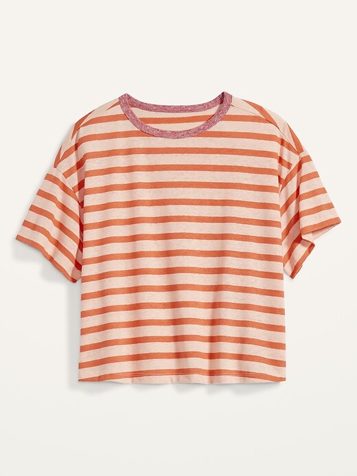 Image number 4 showing, Short-Sleeve Oversized Cropped Striped Linen-Blend T-Shirt
