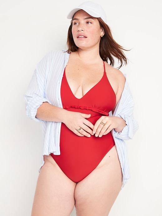 Image number 3 showing, V-Neck Ruffle-Trim Cutout One-Piece Swimsuit