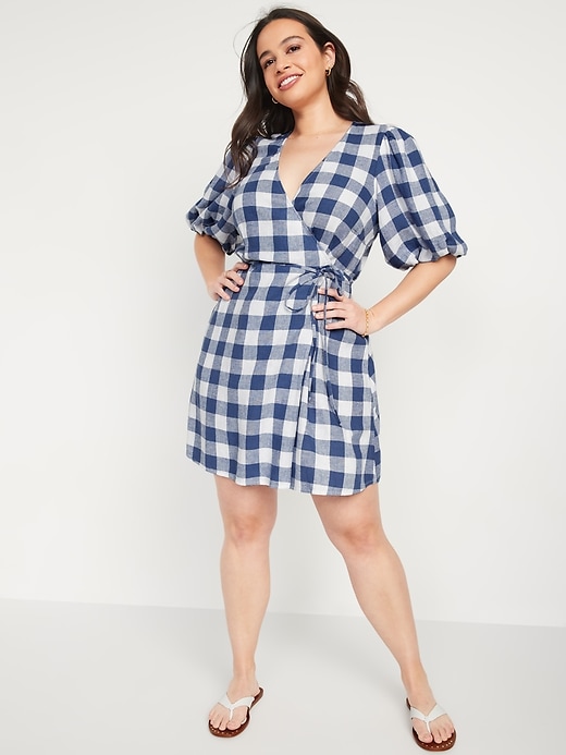 Old Navy Waist-Defined Puff-Sleeve Gingham Mini Wrap Dress. 1