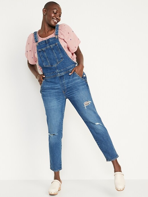 Image number 5 showing, O.G. Straight Medium-Wash Ripped Jean Overalls for Women