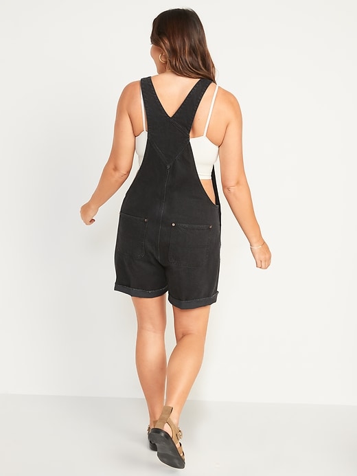 Image number 6 showing, Slouchy Straight Black-Wash Cut-Off Non-Stretch Jean Short Overalls for Women