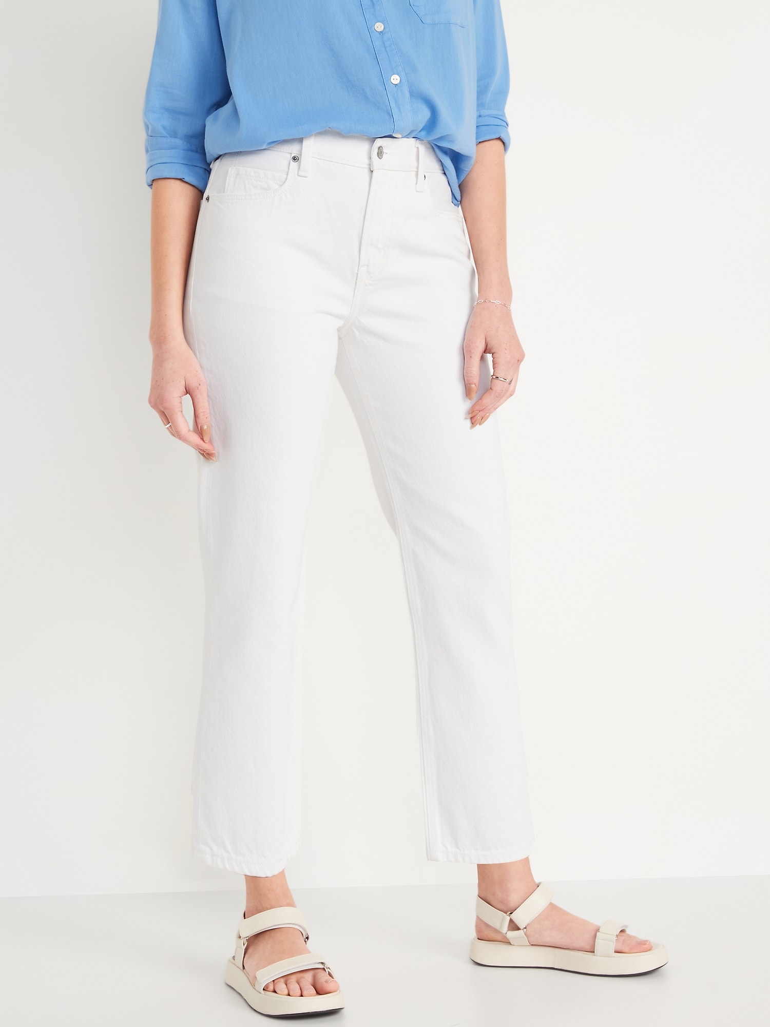 High-Waisted Slouchy Straight Cropped Non-Stretch White Jeans for