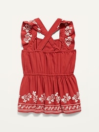 View large product image 3 of 4. Sleeveless Matching Embroidery Ruffled Apron-Style Top for Girls