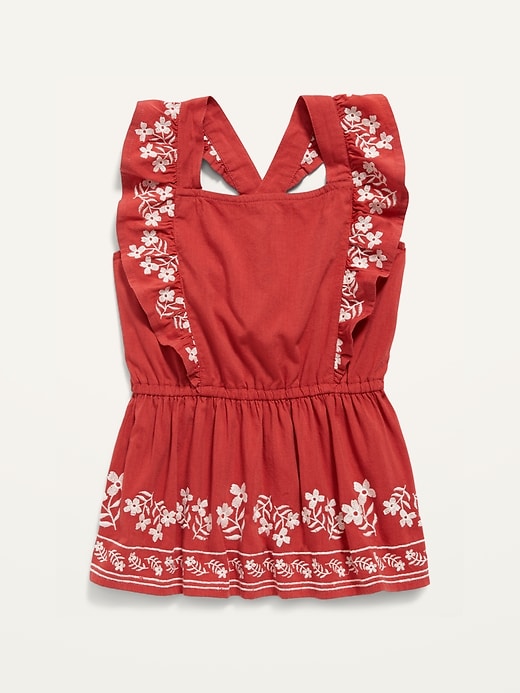 View large product image 2 of 4. Sleeveless Matching Embroidery Ruffled Apron-Style Top for Girls