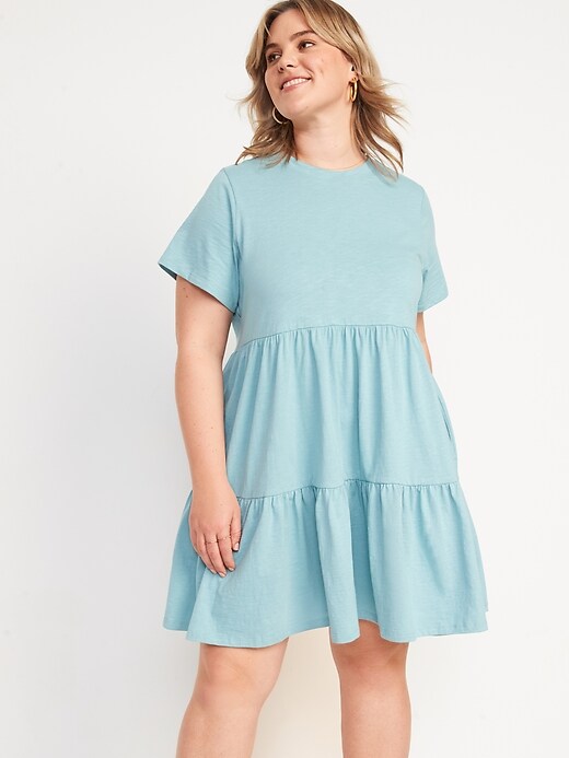 Image number 7 showing, Short-Sleeve Tiered Slub-Knit Mini Swing Dress for Women