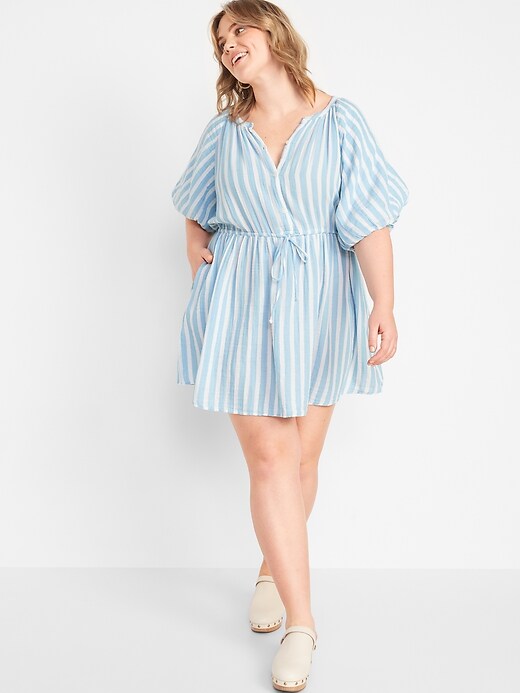 Image number 7 showing, Waist-Defined Puff-Sleeve Printed Mini Shirt Dress