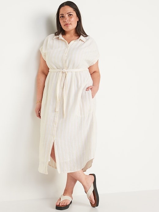 Image number 7 showing, Short-Sleeve Waist-Defined Striped Midi Shirt Dress