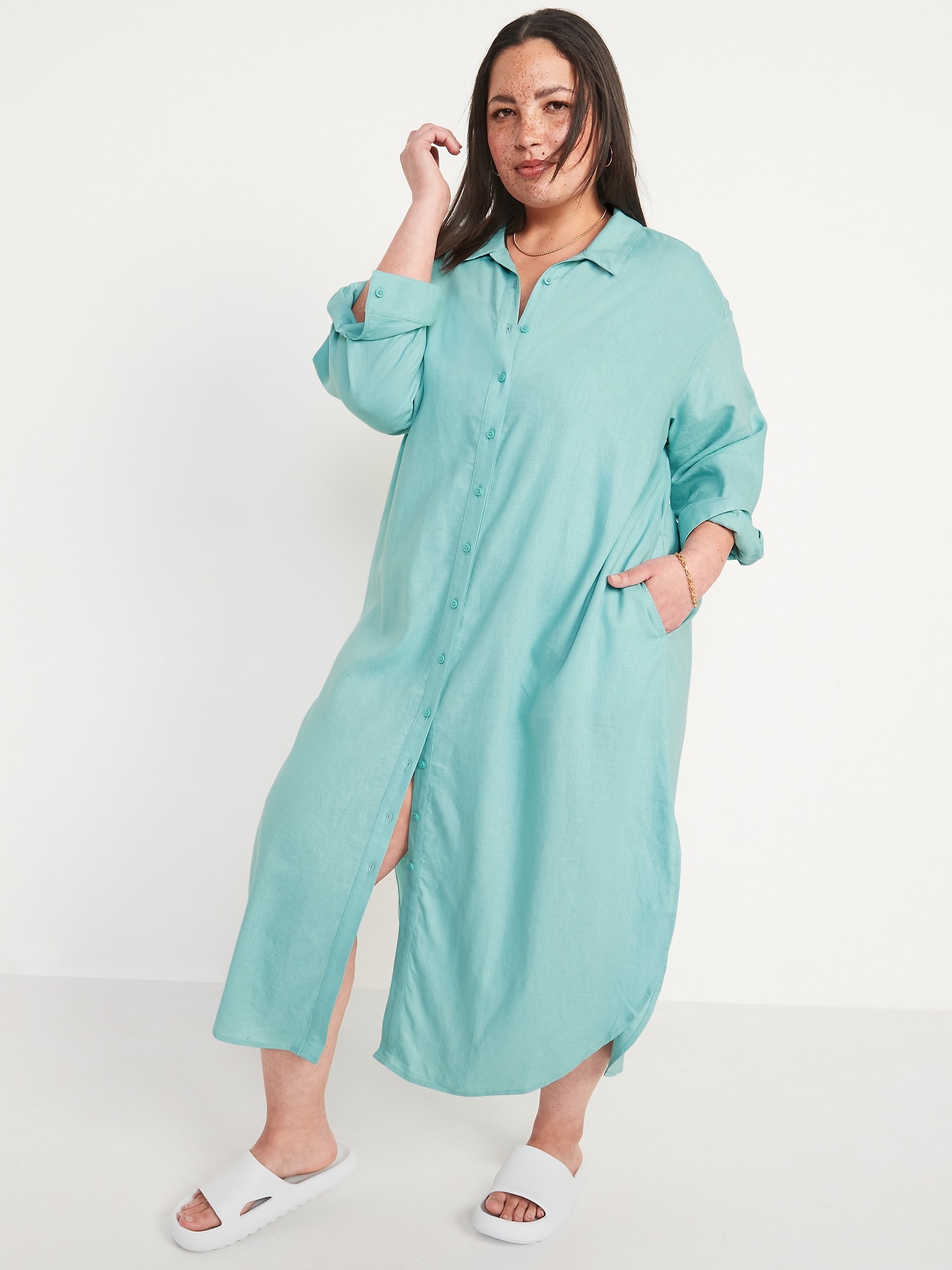 Long-Sleeve Linen-Blend Midi Shirt Dress for Women | Old Navy