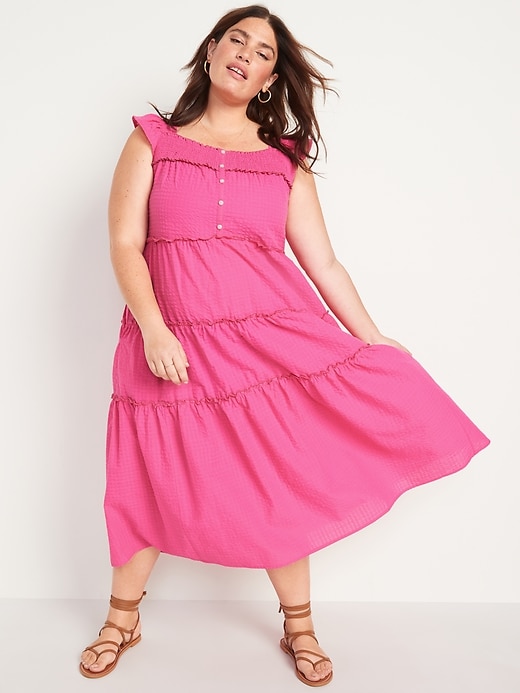 Image number 7 showing, Flutter-Sleeve Printed Tiered Smocked Midi Swing Dress for Women