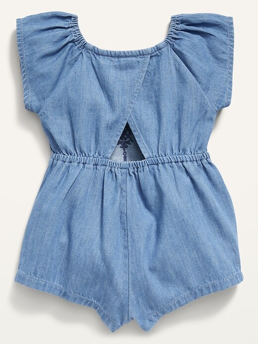 View large product image 2 of 3. Matching Chambray Embroidered Flutter-Sleeve Romper for Baby