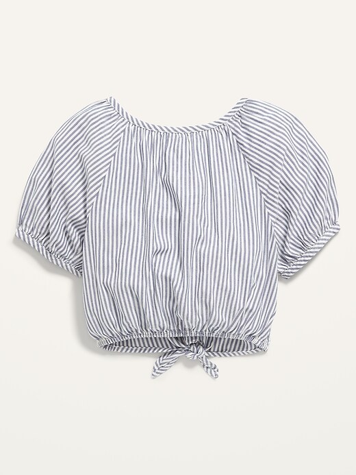 View large product image 2 of 2. Striped Short Puff-Sleeve Tie-Front Top for Girls