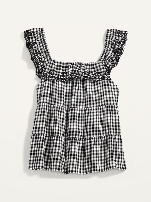 View large product image 2 of 2. Sleeveless Tiered Ruffled Gingham Swing Blouse