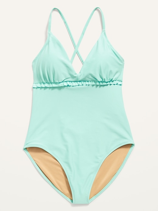 V-Neck Ruffle-Trim Cutout One-Piece Swimsuit | Old Navy