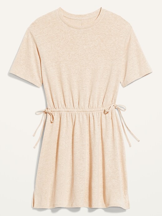 Image number 4 showing, Waist-Defined Short-Sleeve Linen-Blend Mini Dress for Women