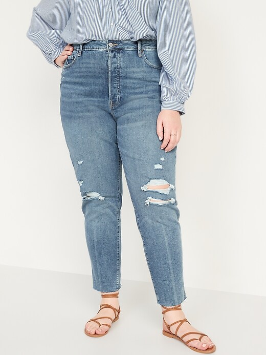 Image number 7 showing, Higher High-Rise Button-Fly O.G. Straight Distressed Cut-Off Jeans for Women