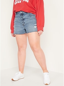 High-Waisted Button-Fly Slouchy Straight Patchwork Cut-Off Non-Stretch Jean  Shorts for Women -- 3-inch inseam