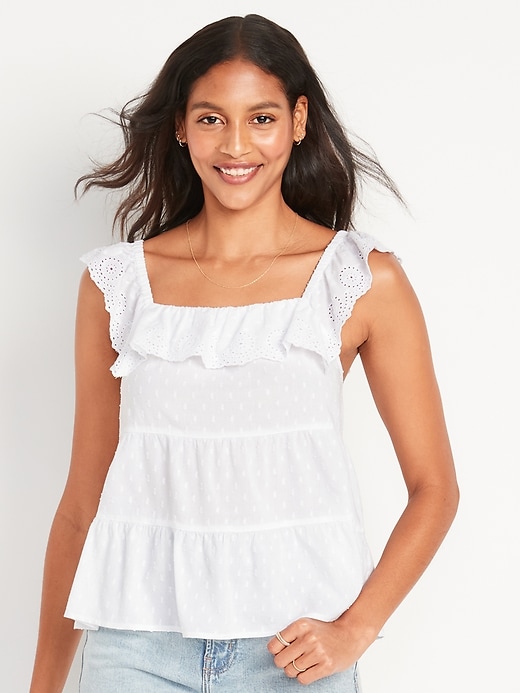 Image number 4 showing, Sleeveless Ruffled Tiered Embroidered Clip-Dot Swing Blouse