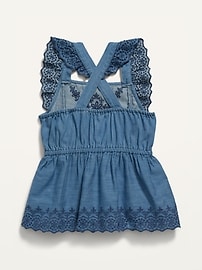 View large product image 3 of 3. Sleeveless Chambray Embroidered Ruffled Apron-Style Top for Girls