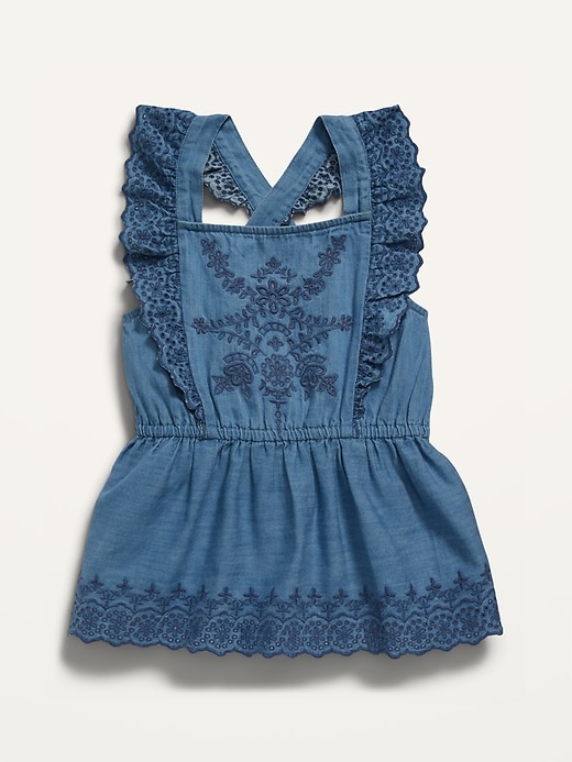 View large product image 2 of 3. Sleeveless Chambray Embroidered Ruffled Apron-Style Top for Girls