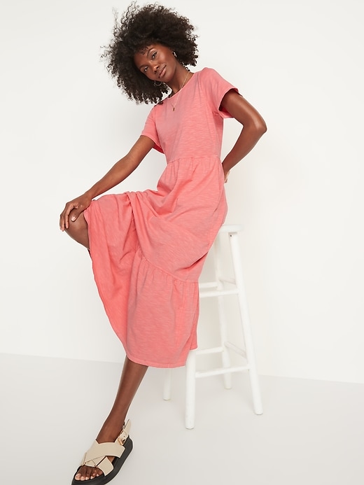 Short-Sleeve Slub-Knit Tiered Midi Swing Dress | Old Navy