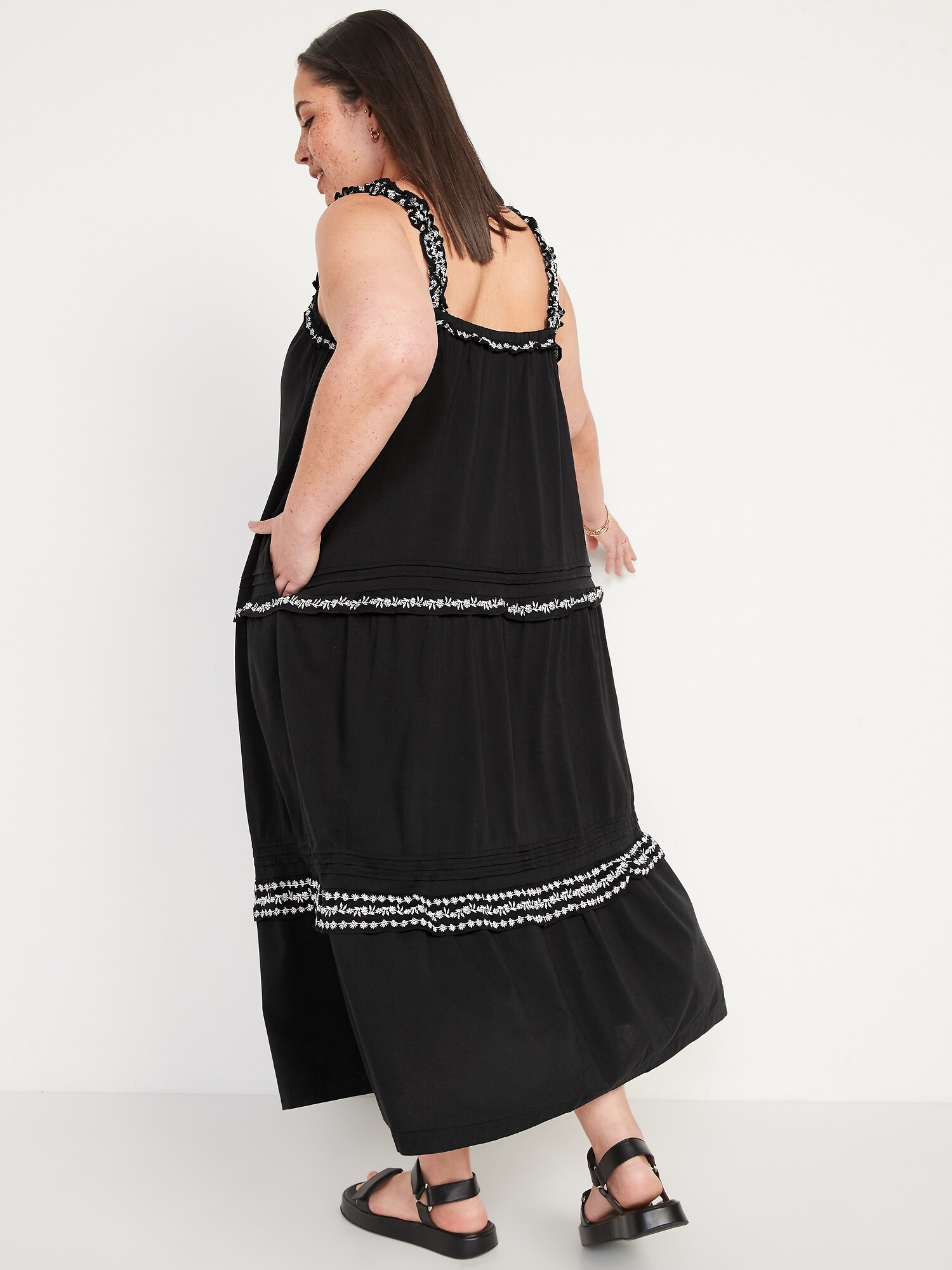 Sleeveless Ruffle-Neck Tiered Midi Swing Dress for Women | Old Navy