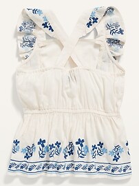 View large product image 3 of 4. Sleeveless Embroidered Ruffled Apron-Style Top for Girls