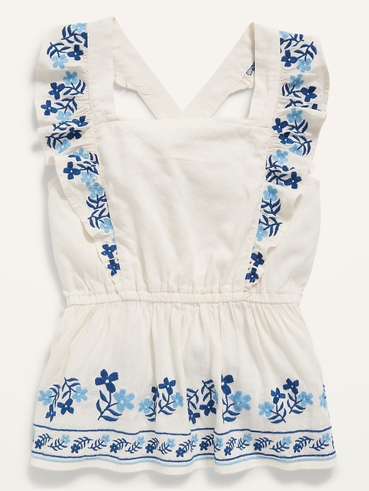 View large product image 2 of 4. Sleeveless Embroidered Ruffled Apron-Style Top for Girls