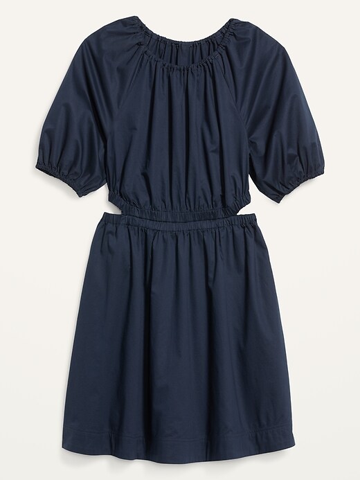 Image number 4 showing, Waist-Defined Puff-Sleeve Cotton-Poplin Side-Cutout Mini Dress for Women