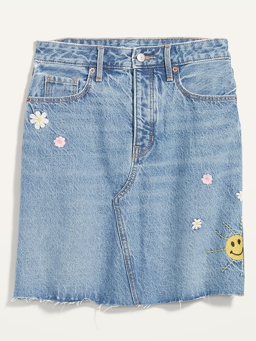 undefined | Higher High-Waisted Button-Fly Embroidered Mini Jean Skirt