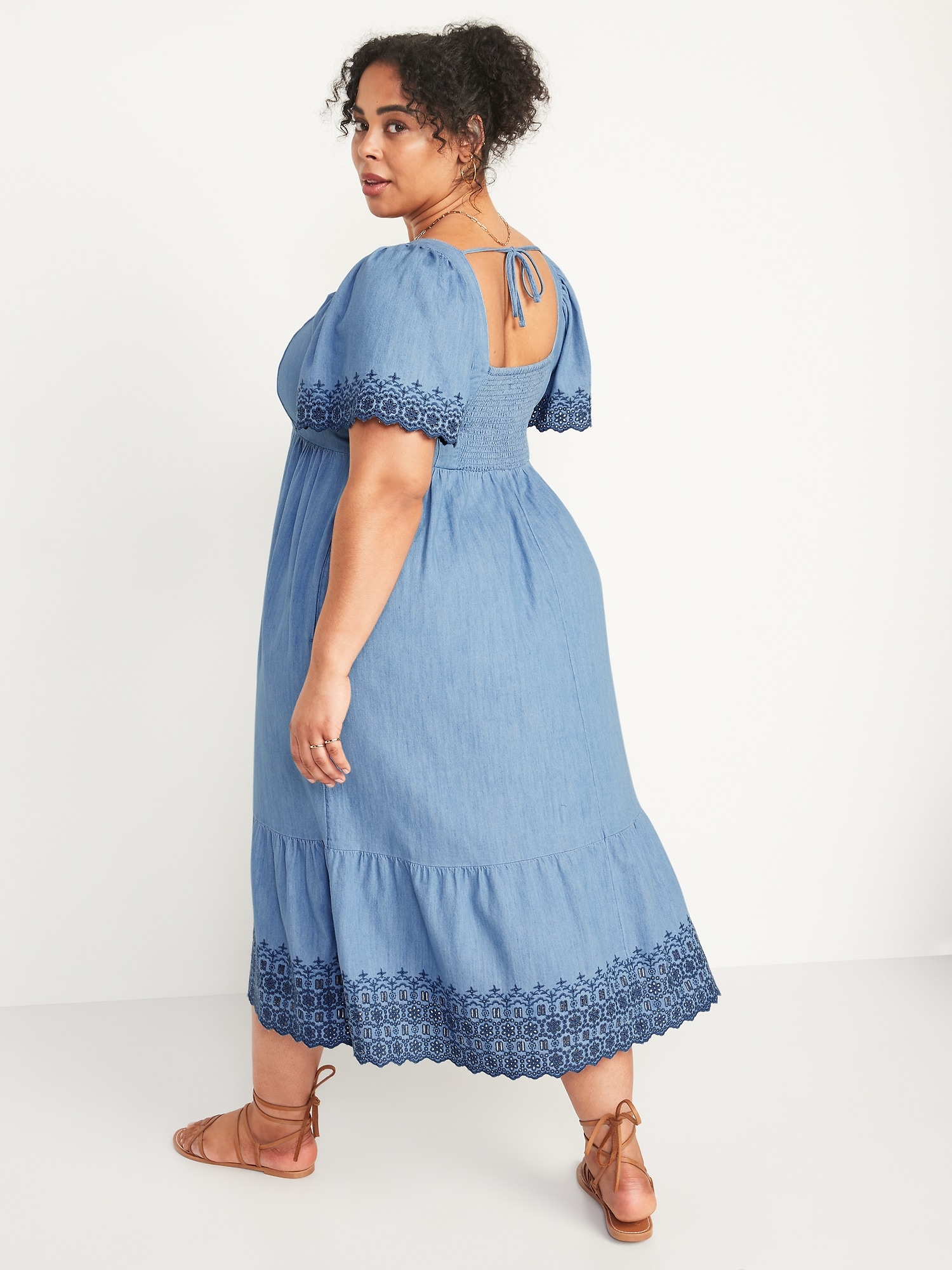 Fit & Flare Flutter-Sleeve Tie-Back Chambray Midi Dress for Women | Old ...