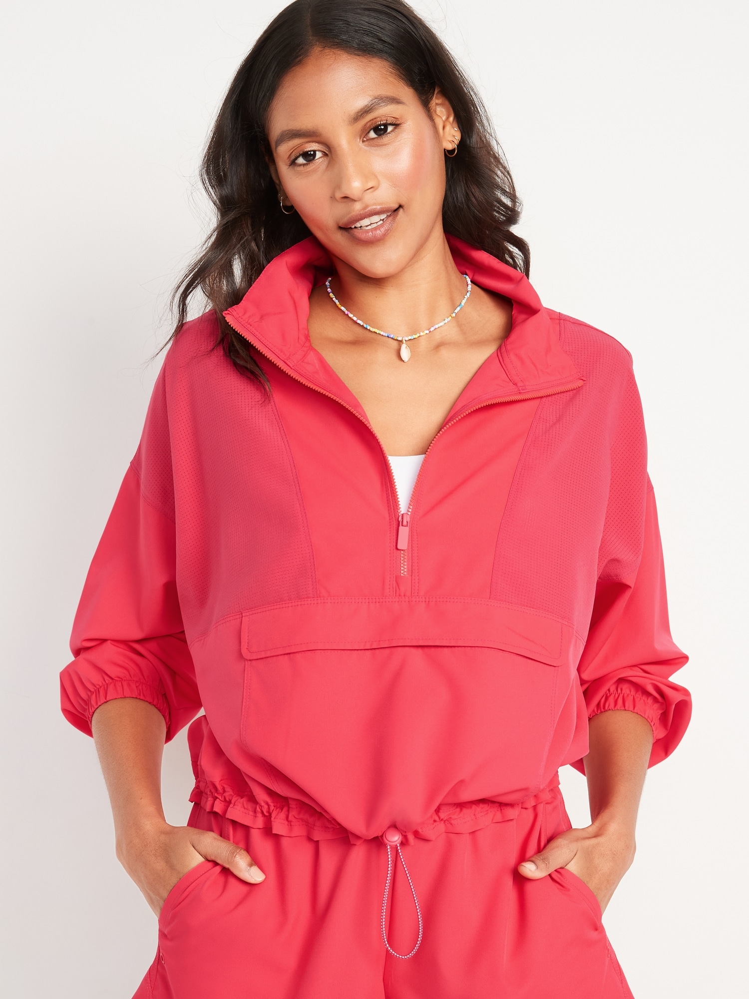 Oversized StretchTech Cropped QuarterZip Windbreaker Jacket for Women