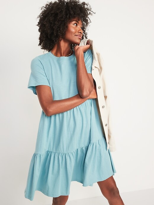 Image number 3 showing, Short-Sleeve Tiered Slub-Knit Mini Swing Dress for Women
