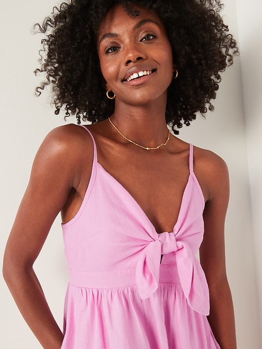 green emerald velvet dress Fit & Flare Tie-Front Smocked Linen-Blend Mini Cami Dress for Women main image 0