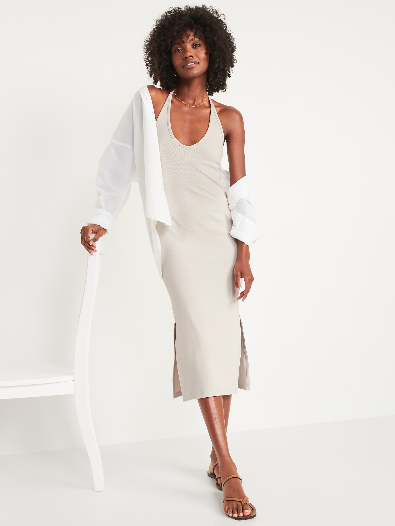 Fitted Sleeveless Halter Rib-Knit Midi Dress for Women