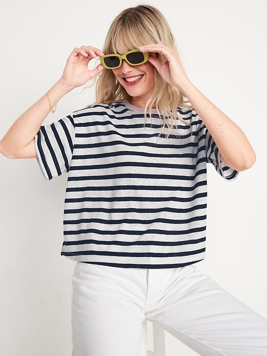 Image number 3 showing, Short-Sleeve Oversized Cropped Striped Linen-Blend T-Shirt for Women