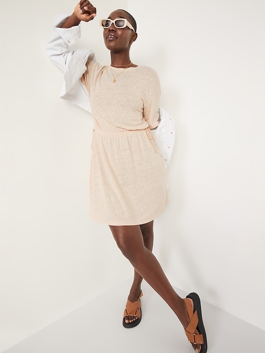 Image number 3 showing, Waist-Defined Short-Sleeve Linen-Blend Mini Dress for Women
