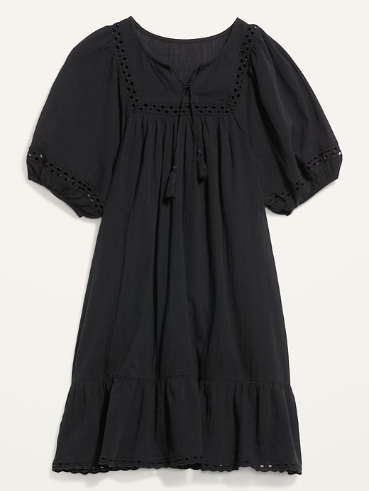 Image number 4 showing, Puff-Sleeve Tie-Neck Eyelet Mini Swing Dress for Women