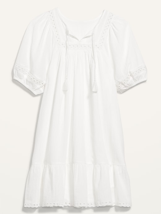 Image number 4 showing, Puff-Sleeve Tie-Neck Eyelet Mini Swing Dress for Women