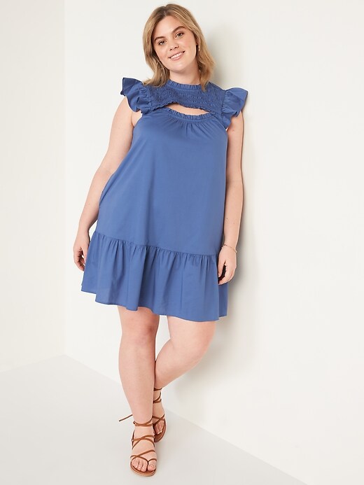 Image number 5 showing, Flutter-Sleeve Cotton-Poplin Smocked Cut-Out Mini Swing Dress