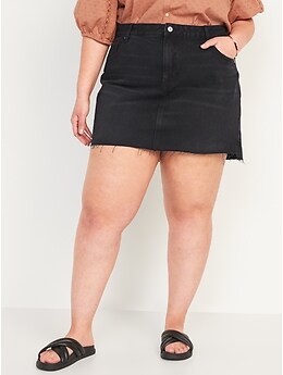High-Waisted Frayed-Hem Black Non-Stretch Mini Jean Skirt for Women