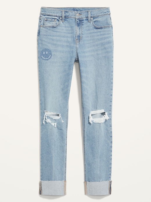 Image number 4 showing, Mid-Rise Boyfriend Straight Ripped Smiley Face Jeans for Women