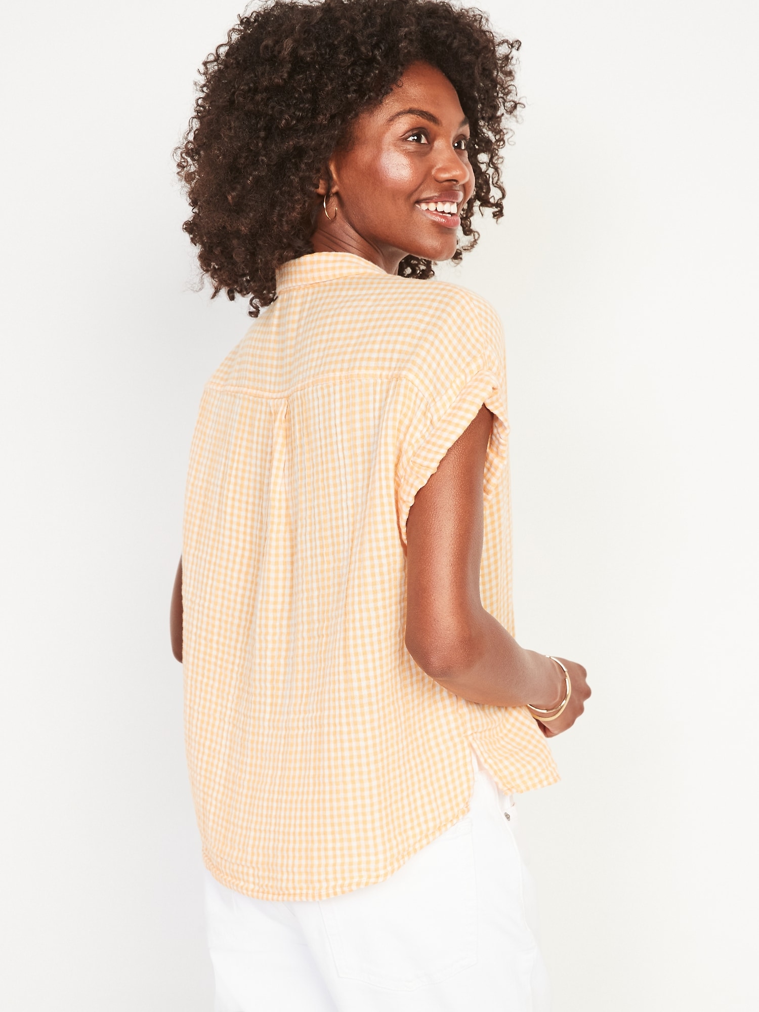 ShortSleeve Oversized Cropped Crinkled Gingham Shirt for Women Old Navy